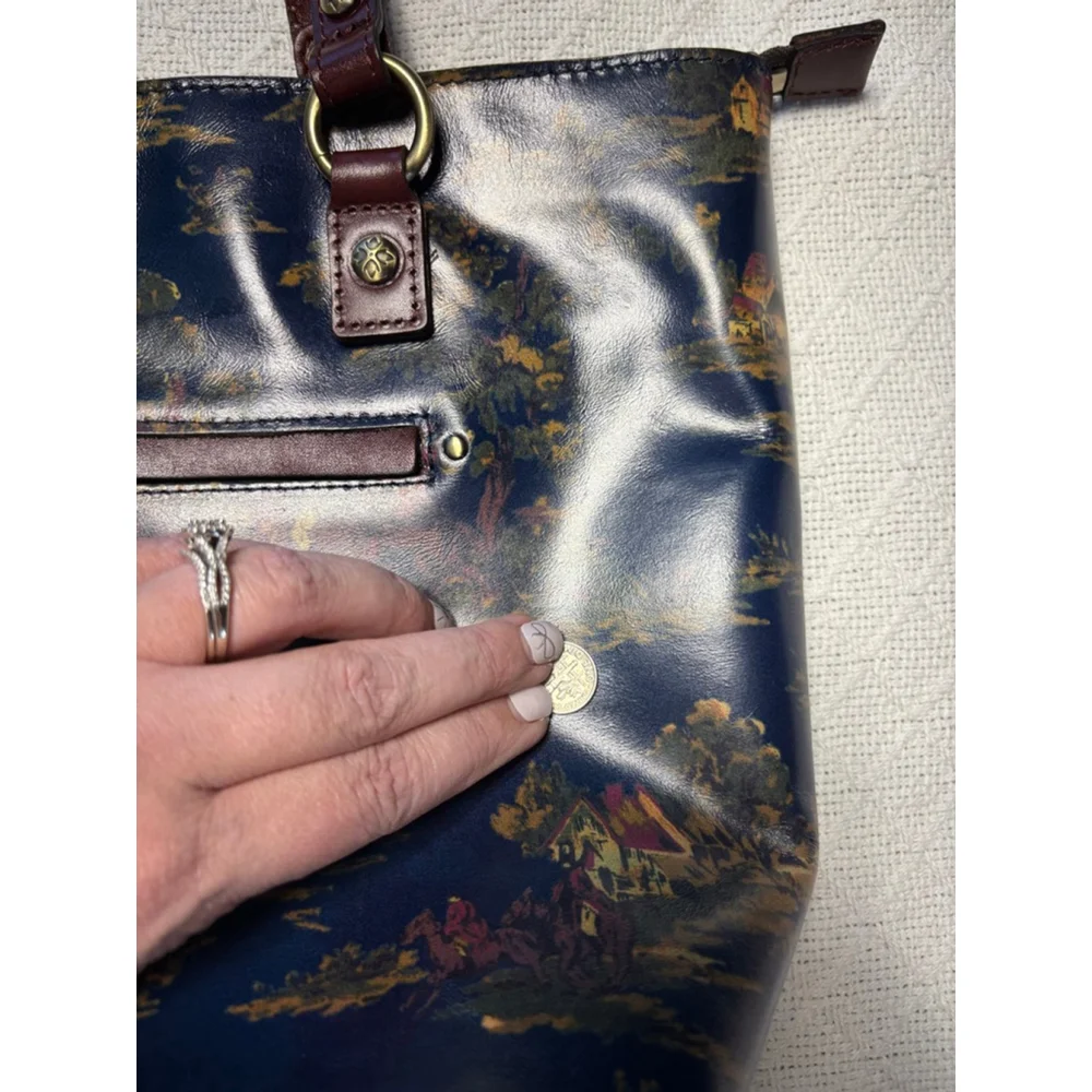 Patricia Nash Navy Tote with Brown Leather Handles and Scenic Gold & Pink Print - Picture 10 of 15